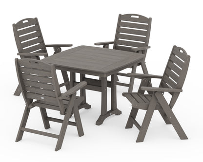 POLYWOOD Nautical Folding Highback Chair 5-Piece Dining Set with Trestle Legs in Driftwood