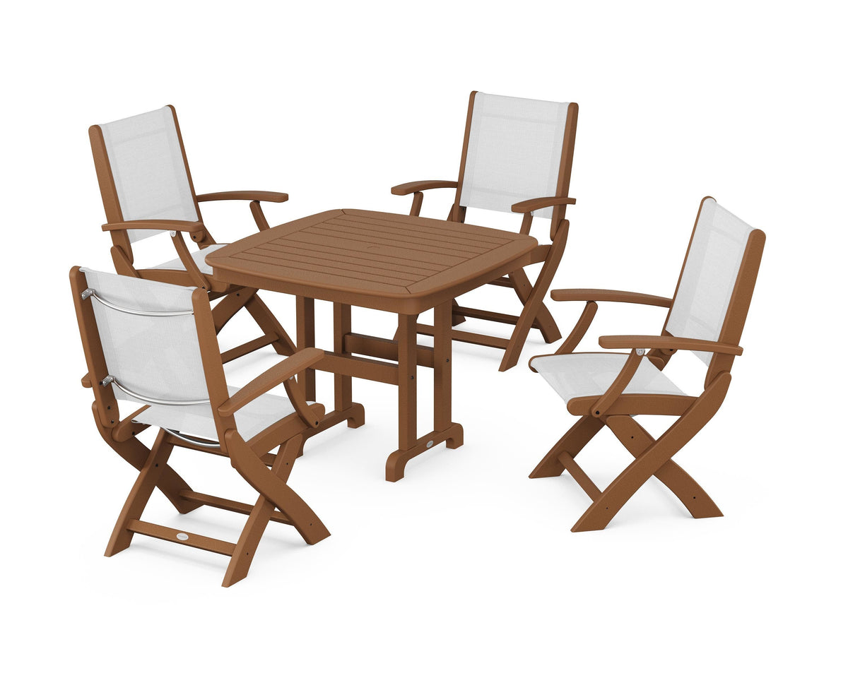 POLYWOOD Coastal Folding Chair 5-Piece Dining Set with Nautical 37" Dining Table in Teak / White
