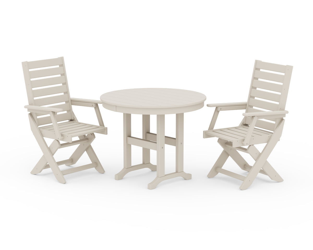 POLYWOOD Captain Folding Chair 3-Piece Round Dining Set in Sand