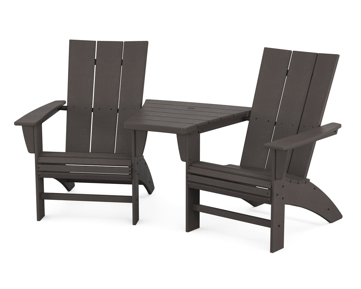 POLYWOOD Modern 3-Piece Curveback Adirondack Set with Angled Connecting Table in Vintage Coffee