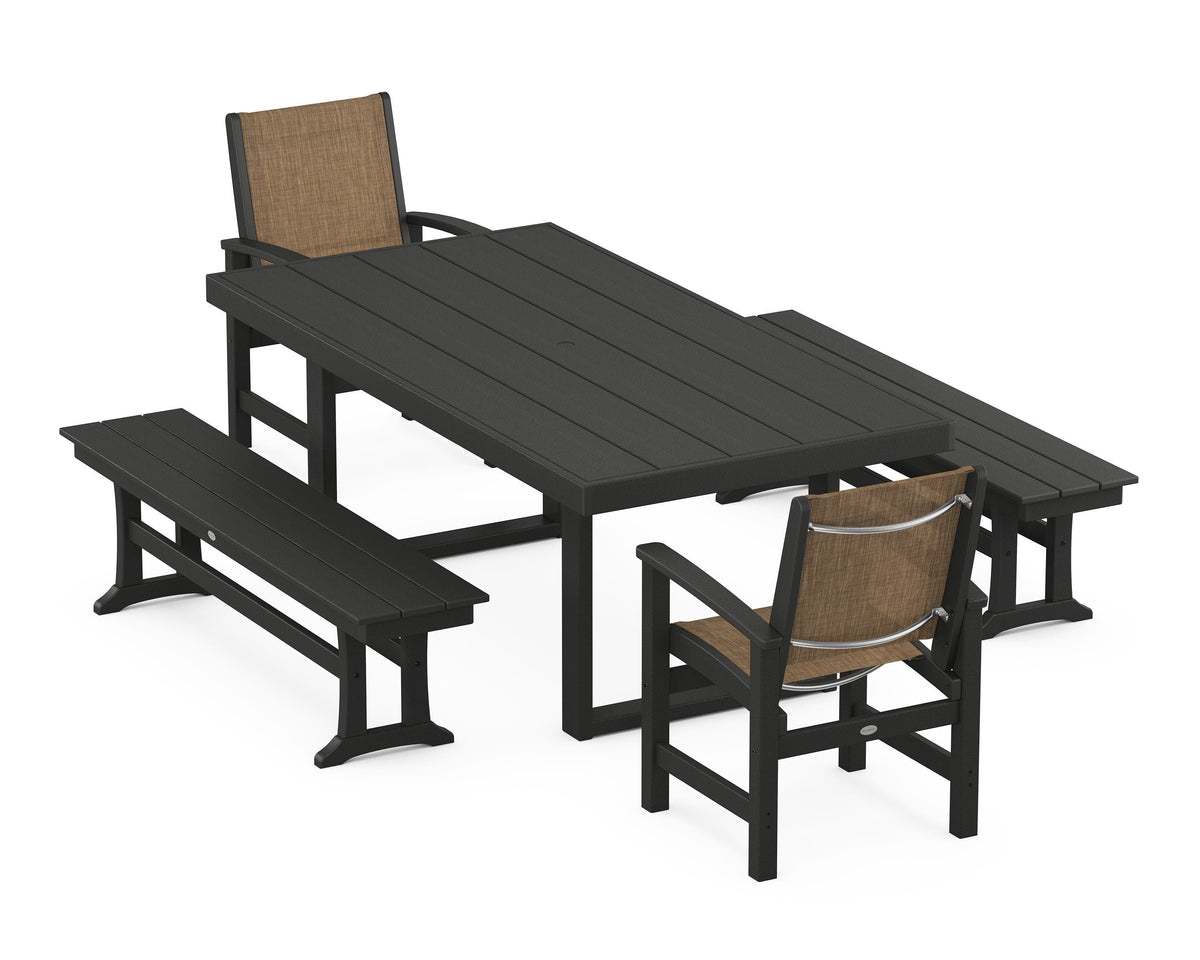 POLYWOOD Coastal 5-Piece Dining Set with Trestle Legs with EDGE 40" x 78" Dining Table in Black / Burlap