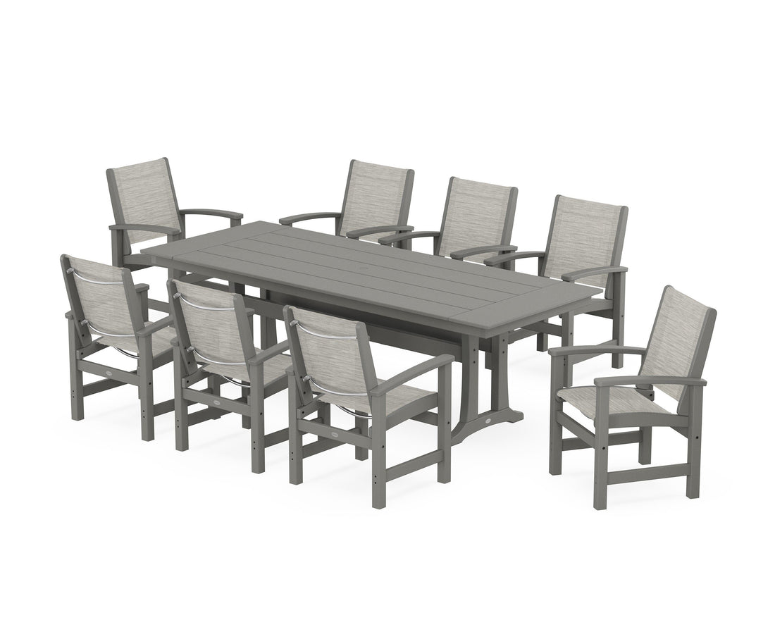 POLYWOOD Coastal 9-Piece Farmhouse Dining Set with Trestle Legs in Slate Grey / Birch