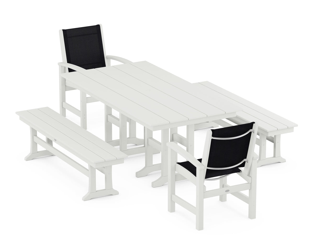 POLYWOOD Coastal 5-Piece Farmhouse Dining Set with Farmhouse 37" x 72" Dining Table in Vintage White / Black