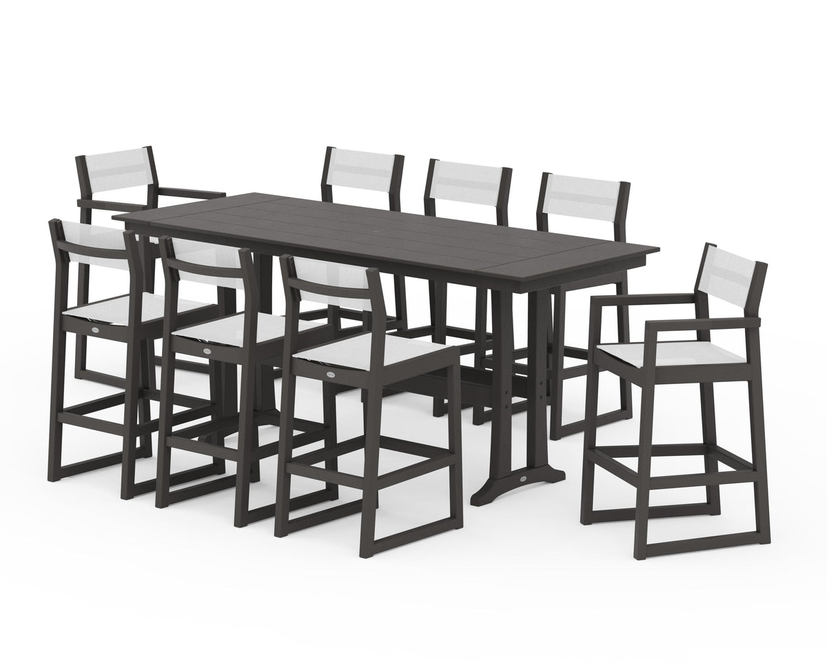 POLYWOOD EDGE Sling 9-Piece Farmhouse Bar Set with Trestle Legs in Vintage Coffee / White