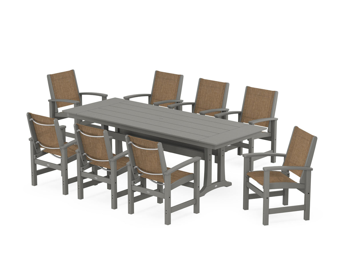 POLYWOOD Coastal 9-Piece Farmhouse Dining Set with Trestle Legs in Slate Grey / Burlap