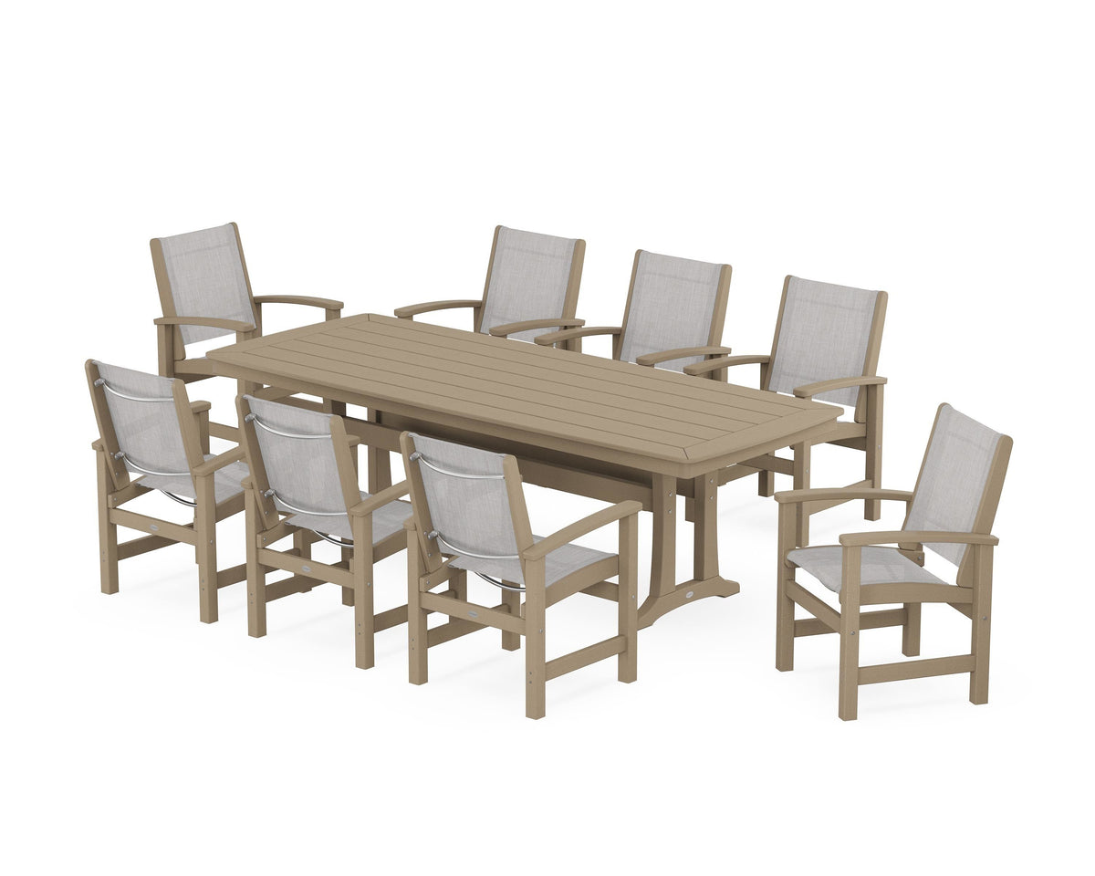 POLYWOOD Coastal 9-Piece Dining Set with Trestle Legs in Vintage Sahara / Parchment