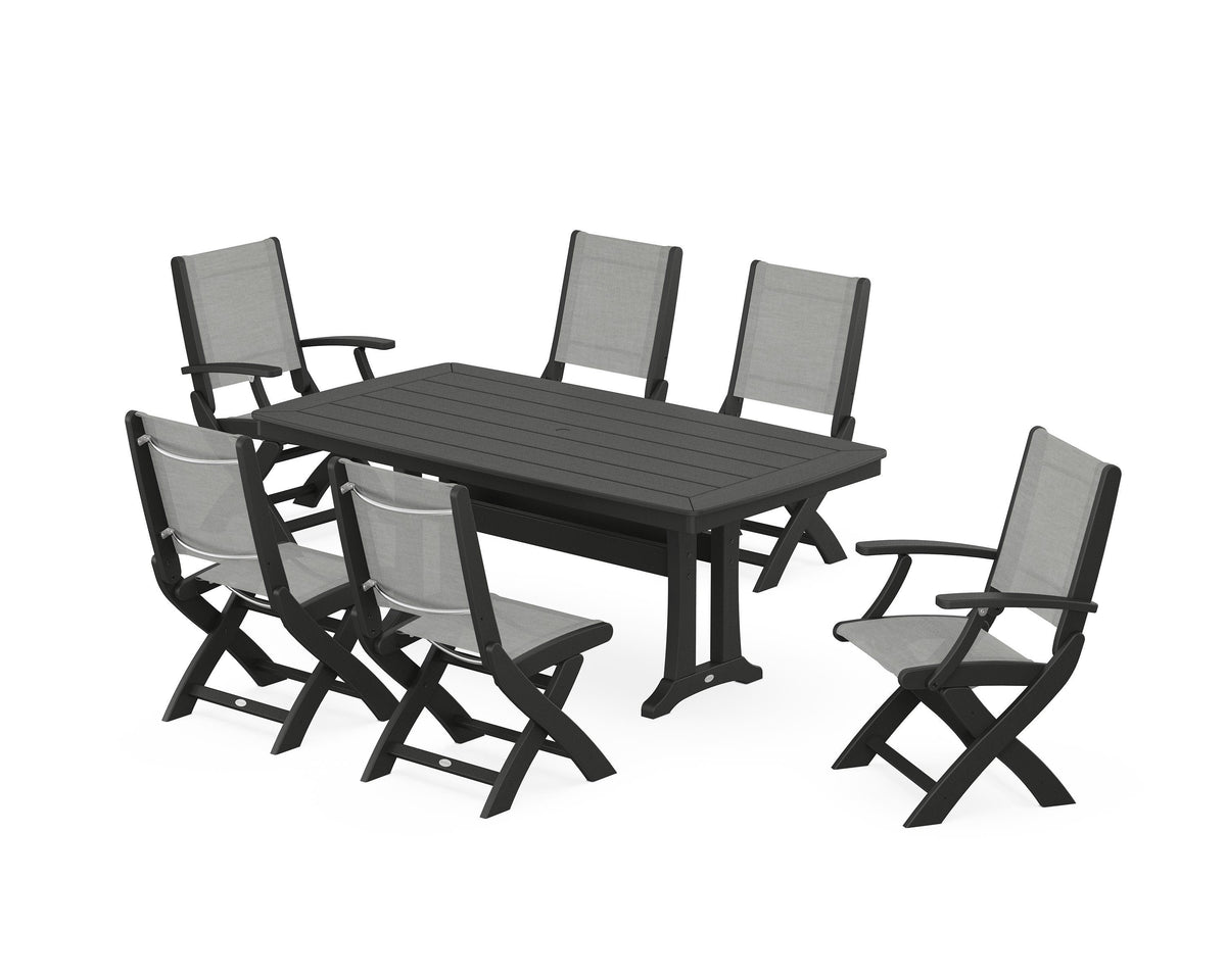 POLYWOOD Coastal Folding Chair 7-Piece Dining Set with Trestle Legs with Nautical Trestle 38" x 73" Dining Table in Black / Metallic