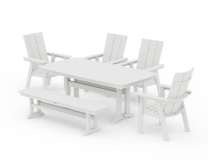 POLYWOOD Modern Curveback Adirondack 6-Piece Farmhouse Dining Set with Trestle Legs and Bench - 38" x 73" Table in Vintage White