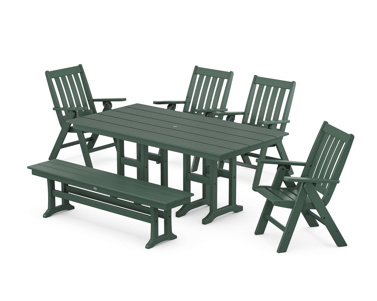 POLYWOOD Vineyard Folding Chair 6-Piece Farmhouse Dining Set with Bench in Green