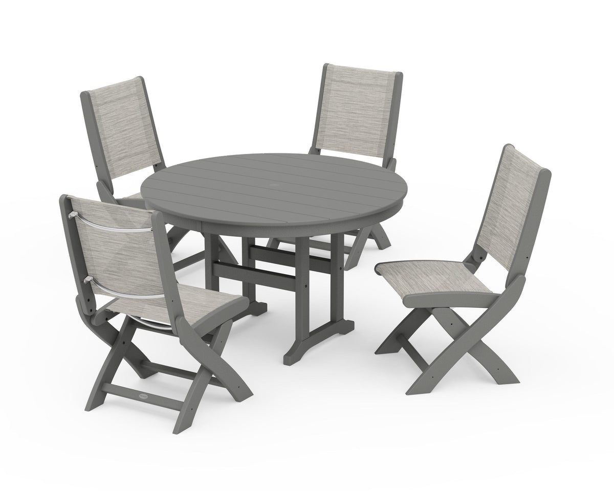 POLYWOOD Coastal Folding Side Chair 5-Piece Round Dining Set in Slate Grey / Birch