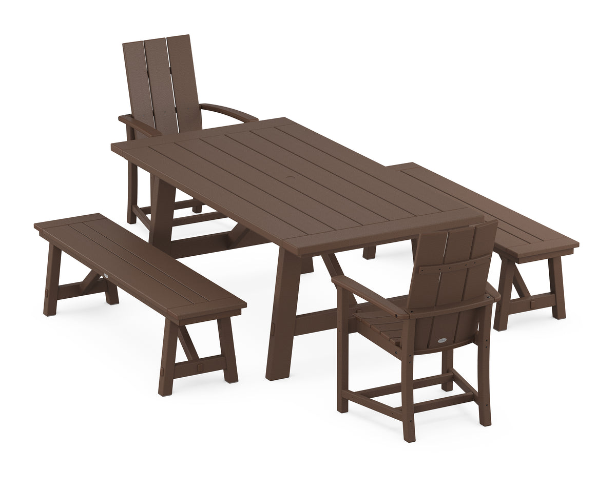POLYWOOD Modern Adirondack 5-Piece Rustic Farmhouse Dining Set with Benches in Mahogany