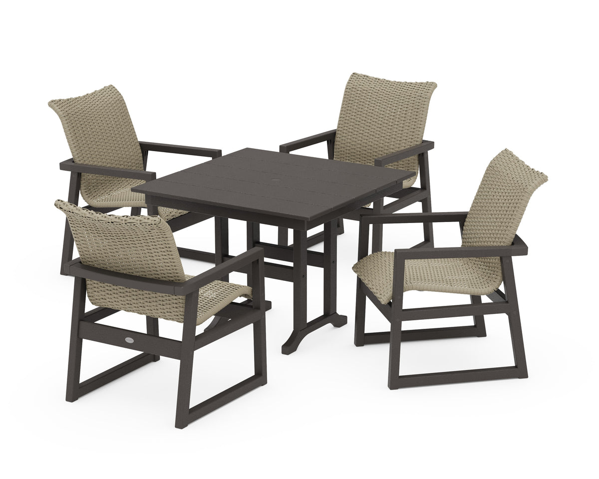 POLYWOOD EDGE Woven 5-Piece Farmhouse Dining Set in Vintage Coffee / Dune Grass