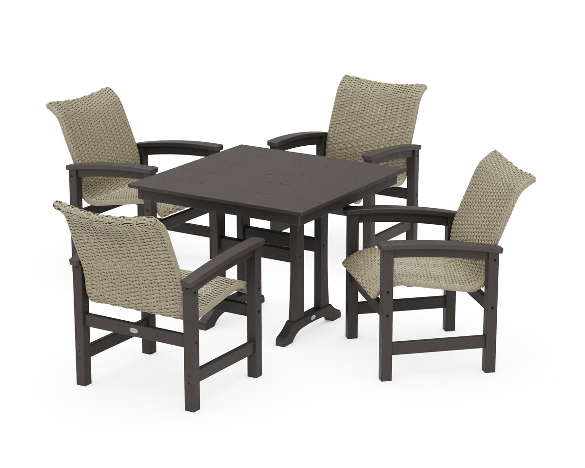 POLYWOOD Coastal Woven 5-Piece Farmhouse Dining Set with Trestle Legs in Vintage Coffee / Dune Grass