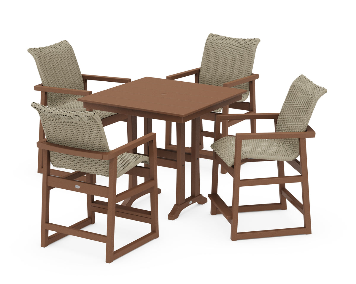 POLYWOOD EDGE Woven 5-Piece Farmhouse Counter Set with Trestle Legs in Teak / Dune Grass