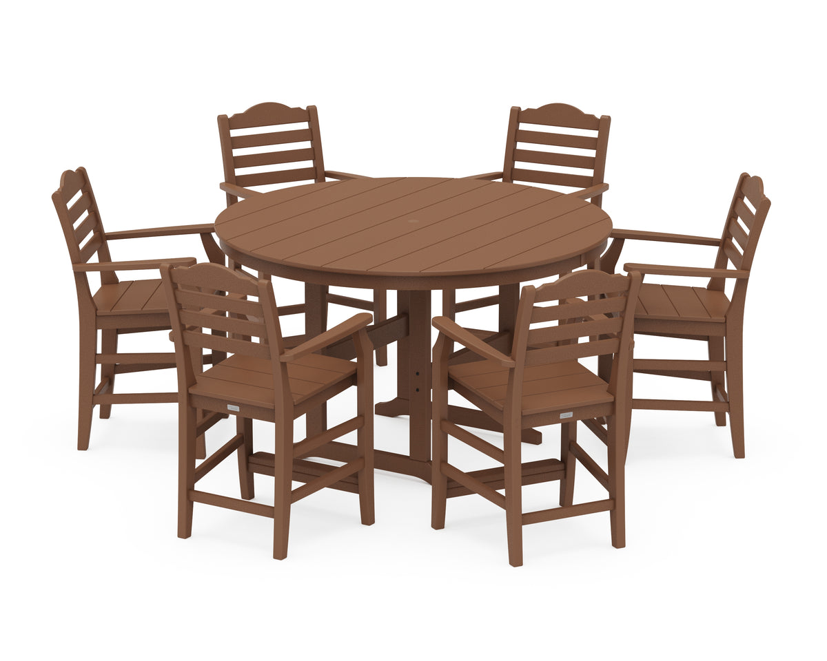 POLYWOOD Savannah 7-Piece Arm Chair Round Farmhouse Counter Set in Teak