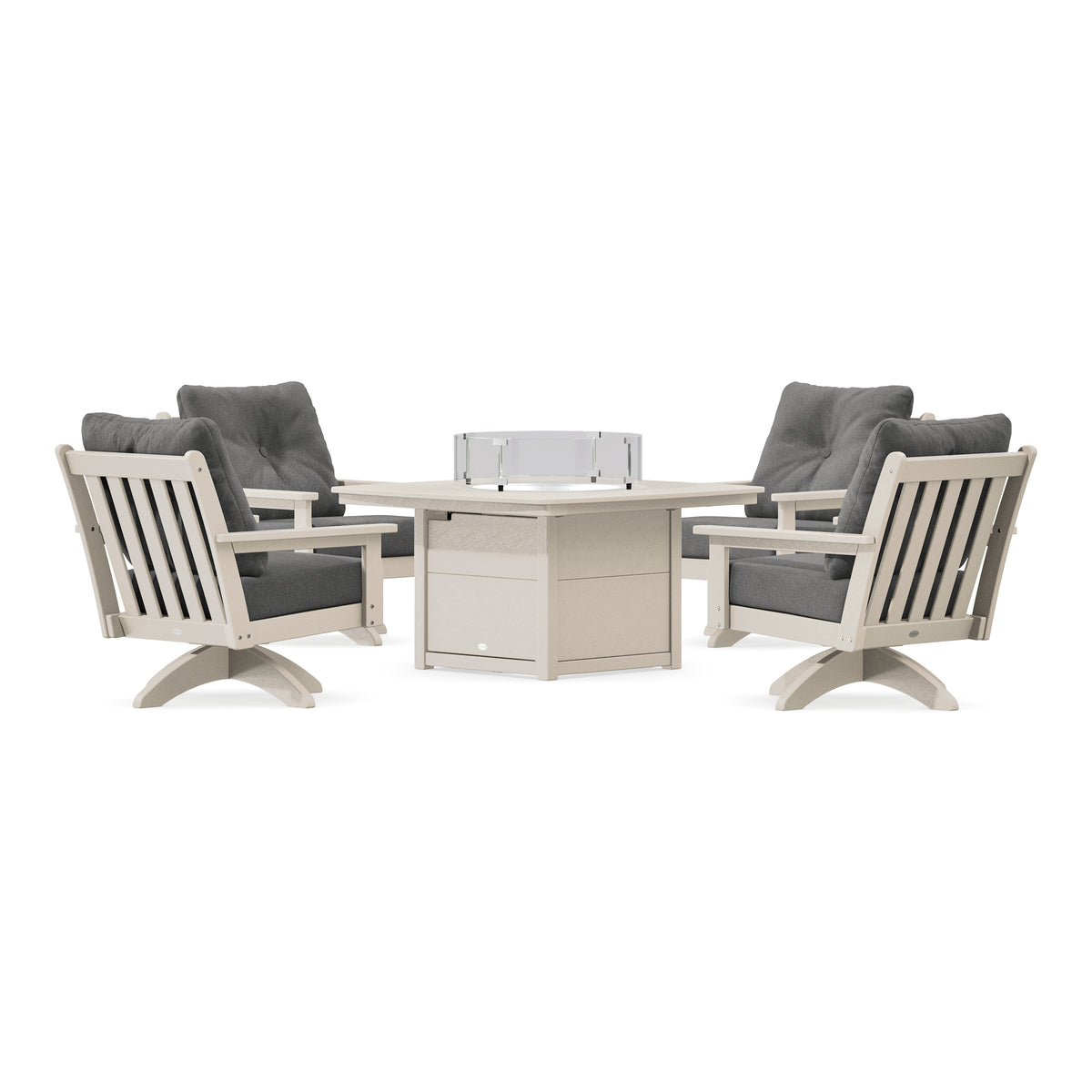 POLYWOOD Vineyard 5-Piece Deep Seating Swivel Conversation Set with Fire Pit Table in Sand