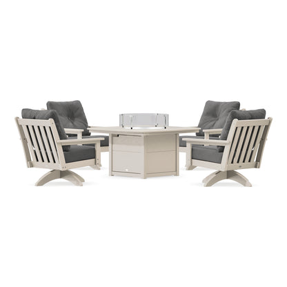 POLYWOOD Vineyard 5-Piece Deep Seating Swivel Conversation Set with Fire Pit Table in Sand