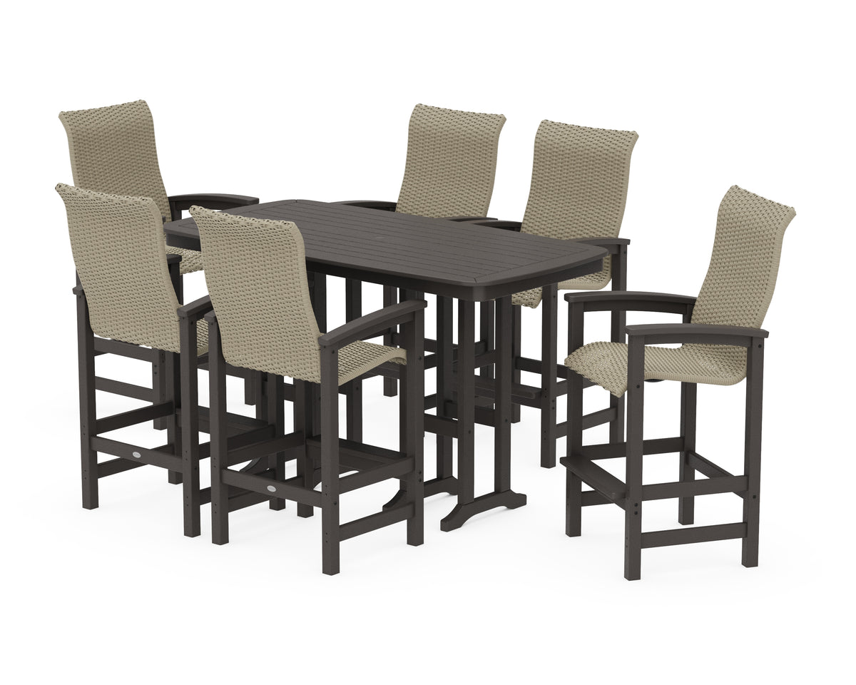 POLYWOOD Coastal Woven High-Back Arm Chair 7-Piece Bar Set in Vintage Coffee / Dune Grass