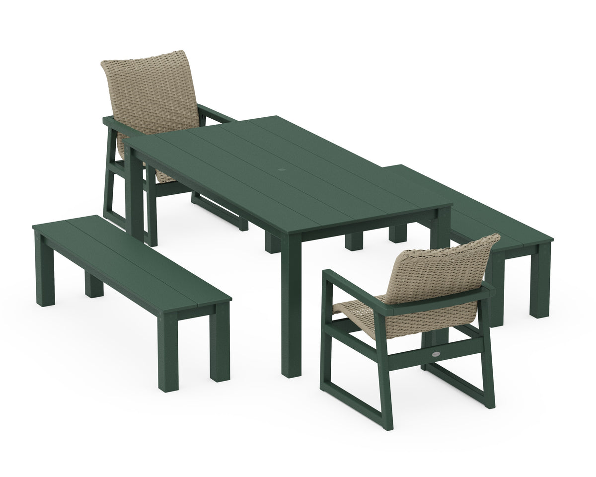 POLYWOOD EDGE Woven 5-Piece Parsons Dining Set with Benches in Green / Dune Grass