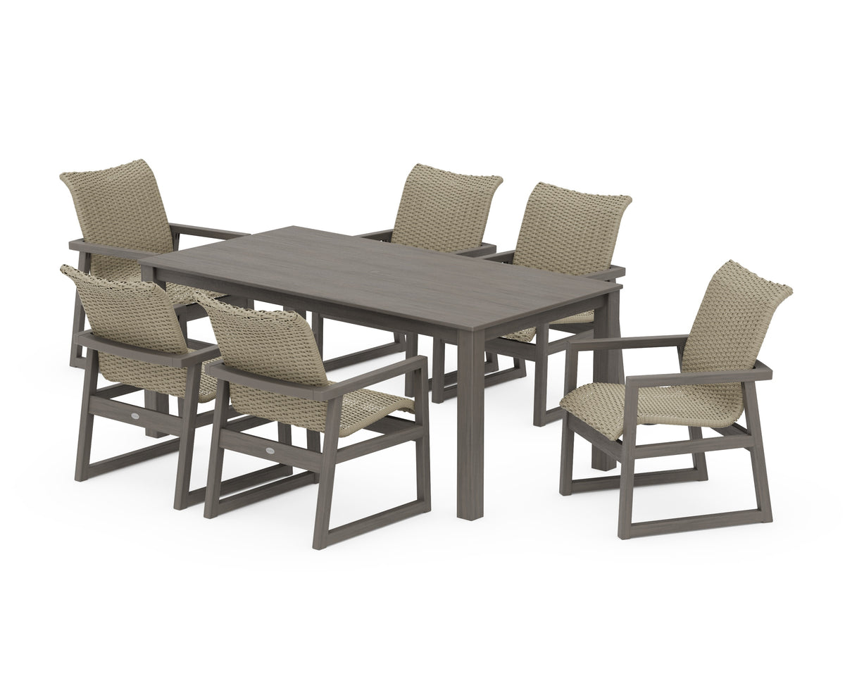 POLYWOOD EDGE Woven Arm Chair 7-Piece Parsons Dining Set in Driftwood / Dune Grass