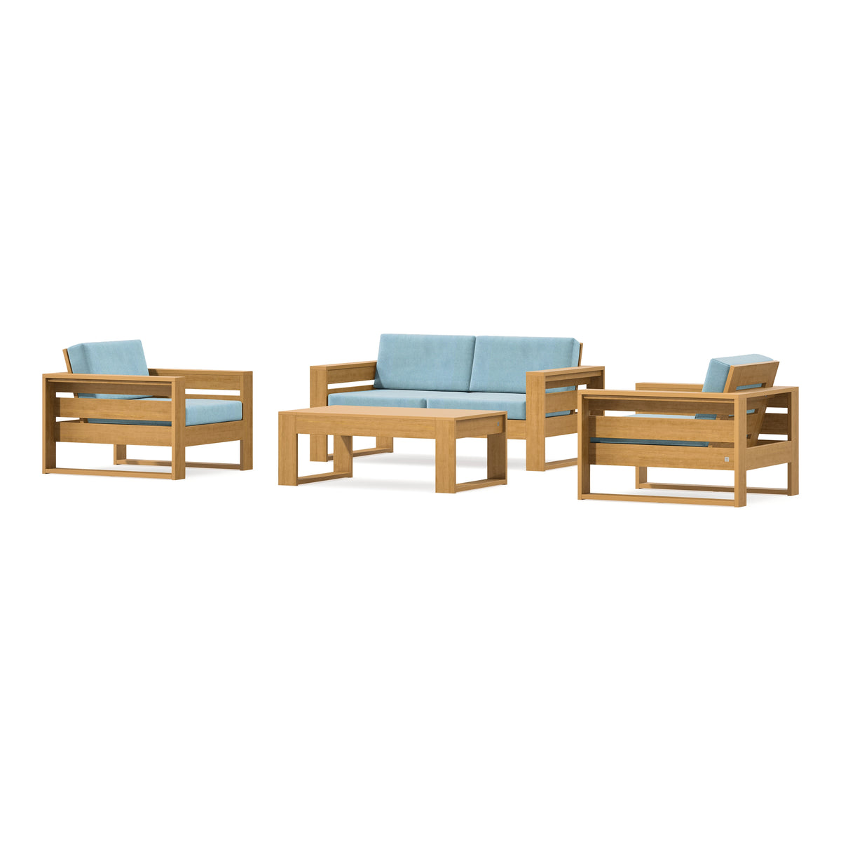 POLYWOOD PW Designer Series Latitude 4-Piece Lounge Loveseat Set in Natural / Lattice Sky Blue