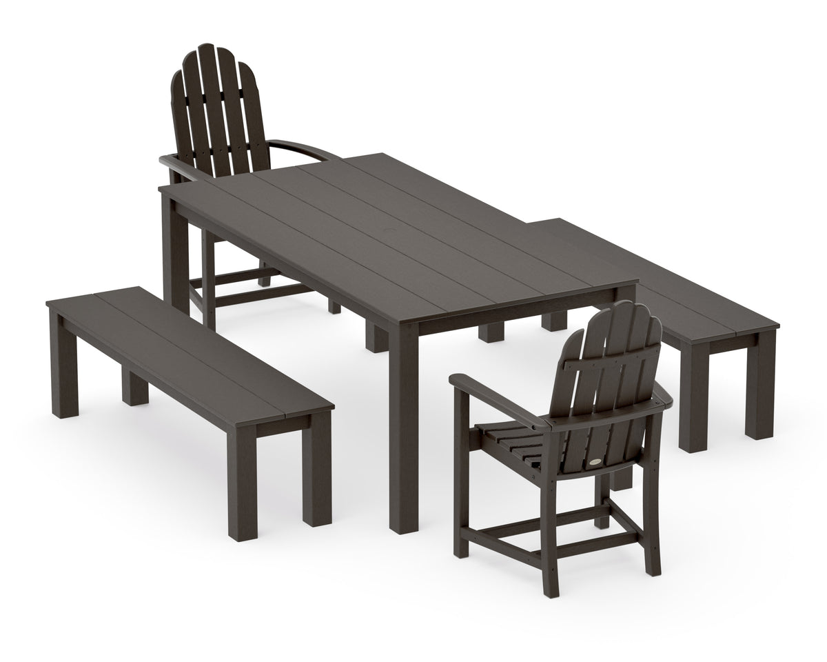 POLYWOOD Classic Adirondack 5-Piece Parsons Dining Set with Benches in Vintage Coffee