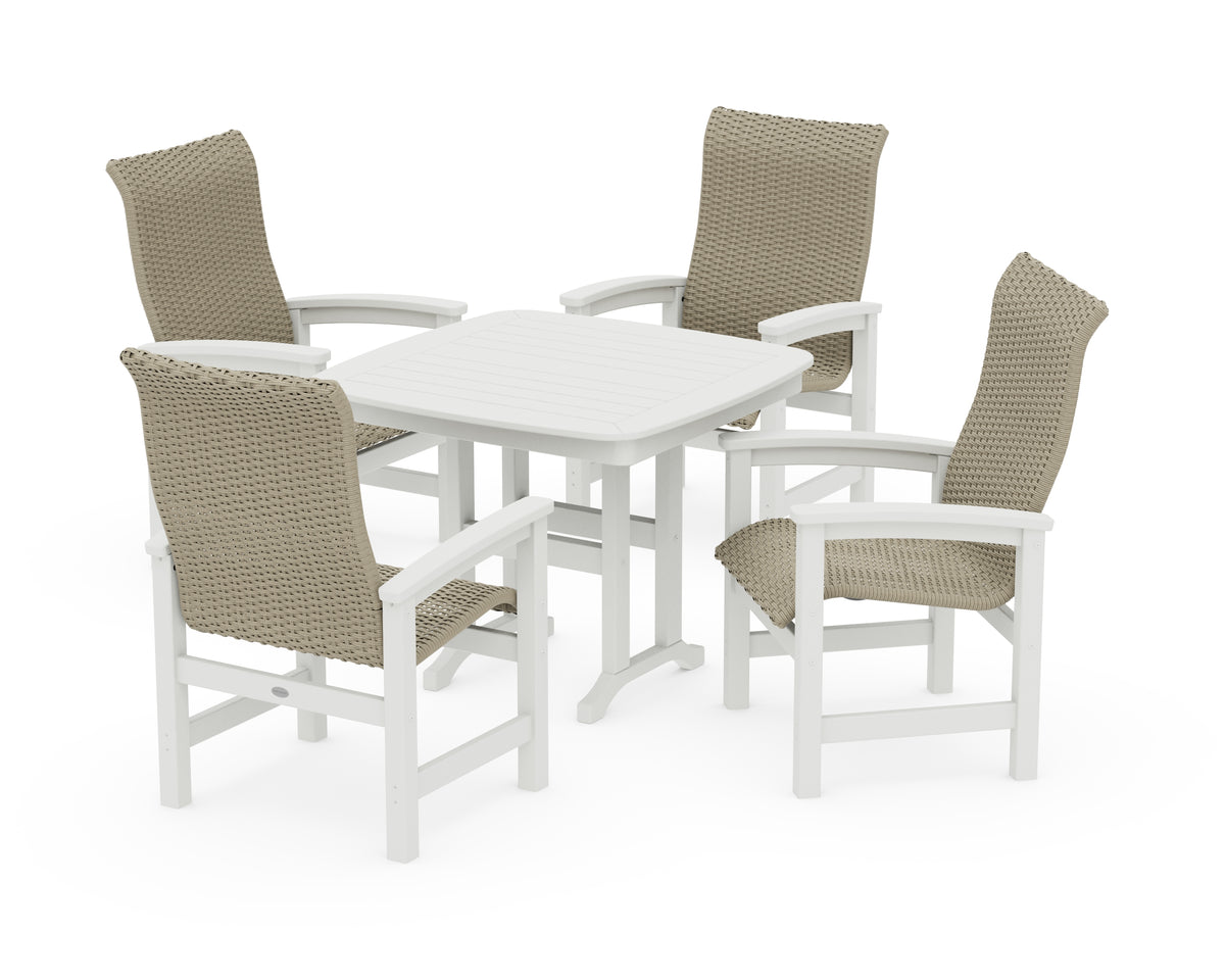 POLYWOOD Coastal Woven High-Back 5-Piece Dining Set in Vintage White / Dune Grass