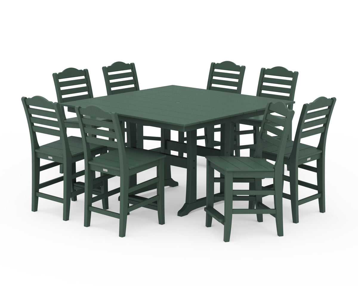 POLYWOOD Savannah Side Chair 9-Piece Square Farmhouse Counter Set with Trestle Legs in Green