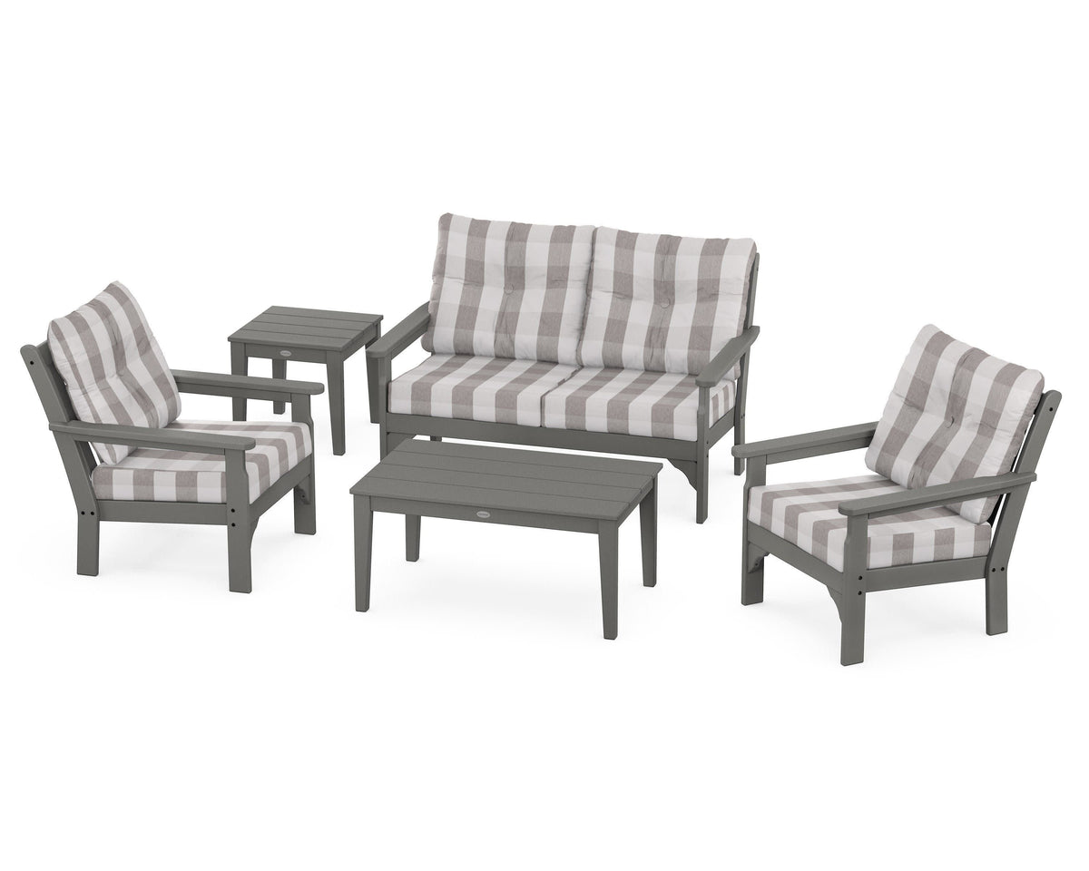 POLYWOOD Vineyard 5-Piece Deep Seating Set with Two Chairs and Loveseat in Slate Grey / Buffalo Plaid Grey Mist