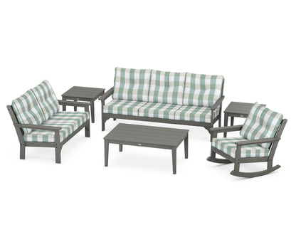 POLYWOOD Vineyard 6-Piece Deep Seating Set with Rocking Chair in Slate Grey / Buffalo Plaid Glacier Spa
