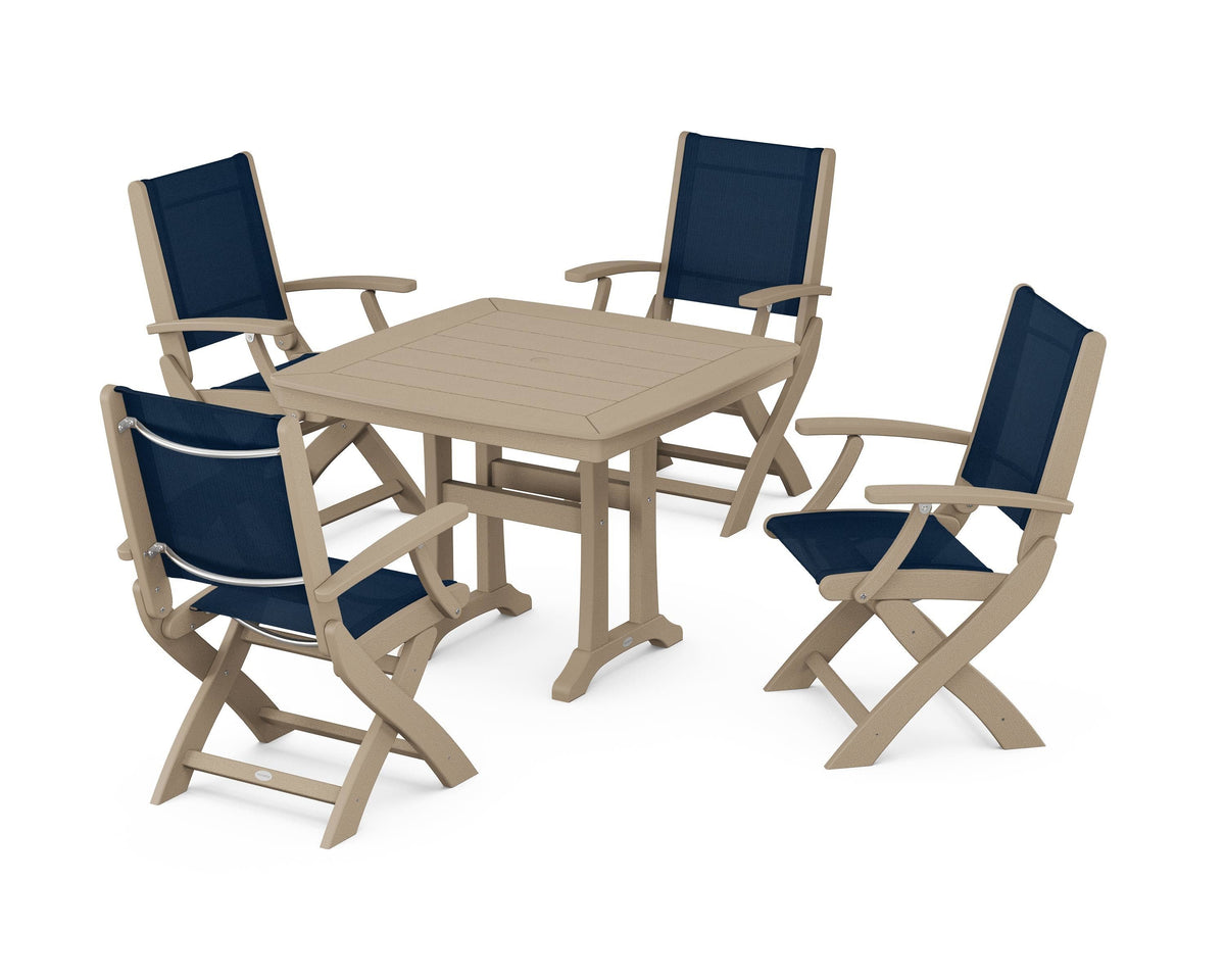 POLYWOOD Coastal Folding Chair 5-Piece Dining Set with Trestle Legs in Vintage Sahara / Navy Blue