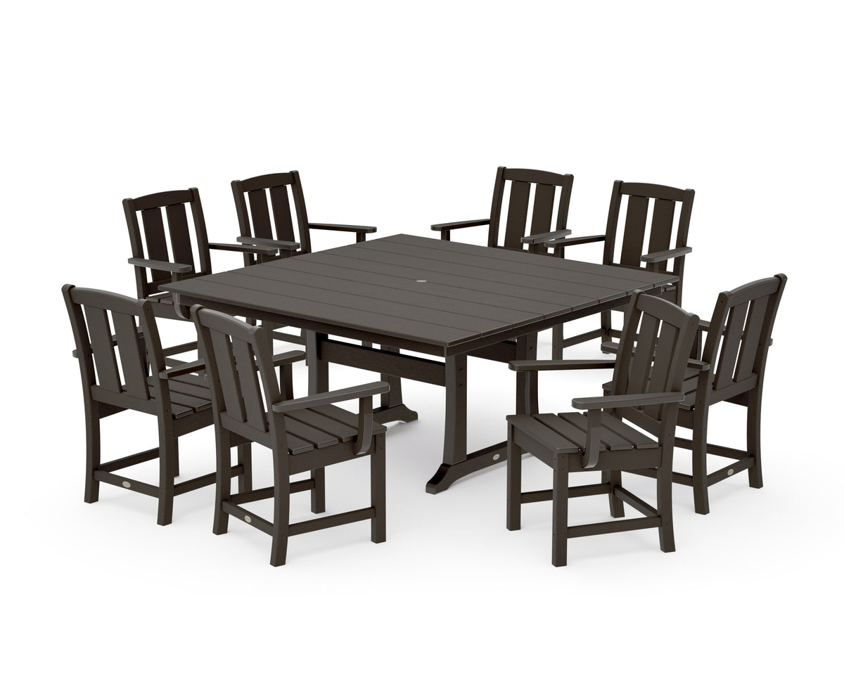POLYWOOD Mission 9-Piece Square Farmhouse Dining Set with Trestle Legs in Vintage Coffee
