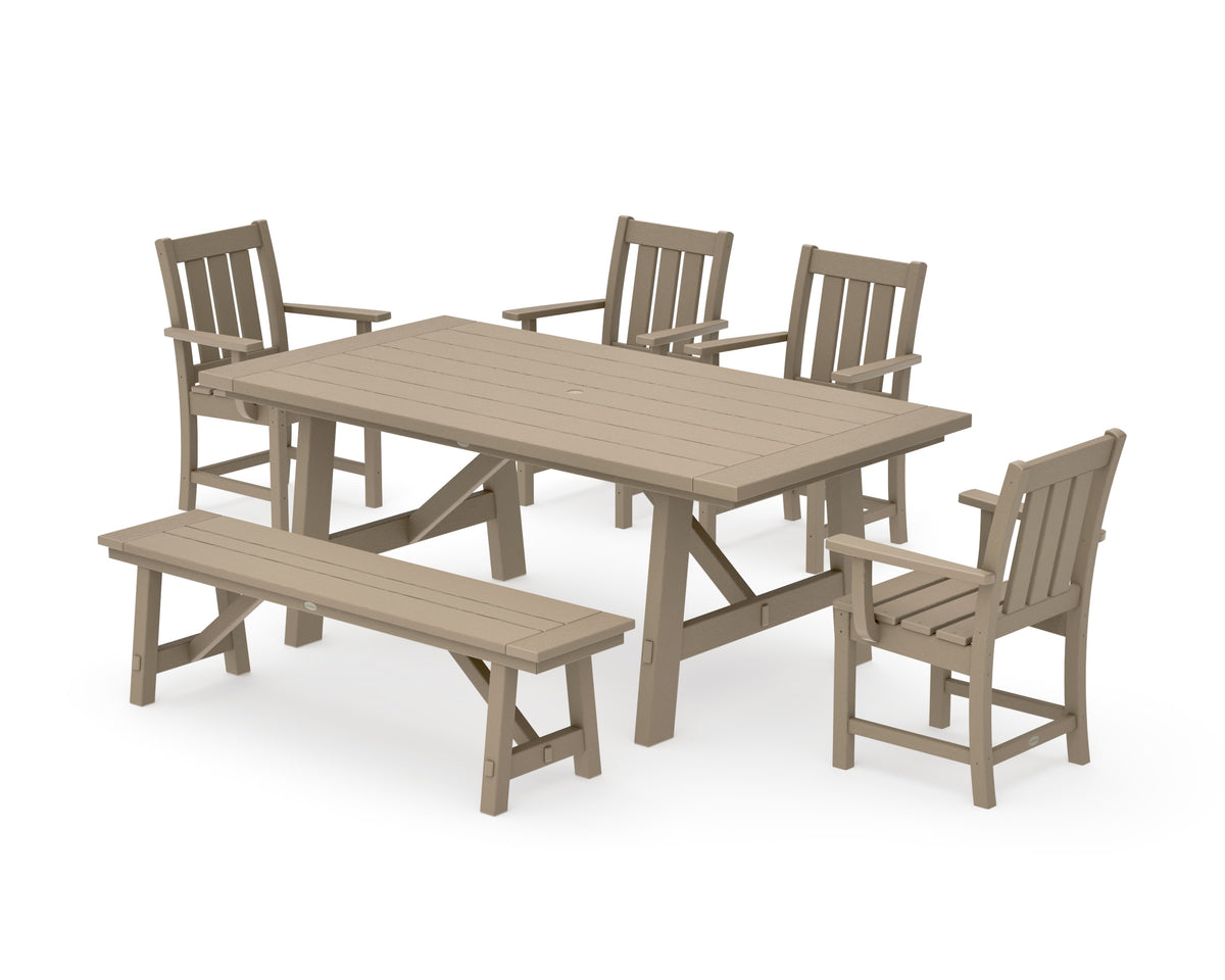 POLYWOOD Oxford 6-Piece Rustic Farmhouse Dining Set with Bench in Vintage Sahara