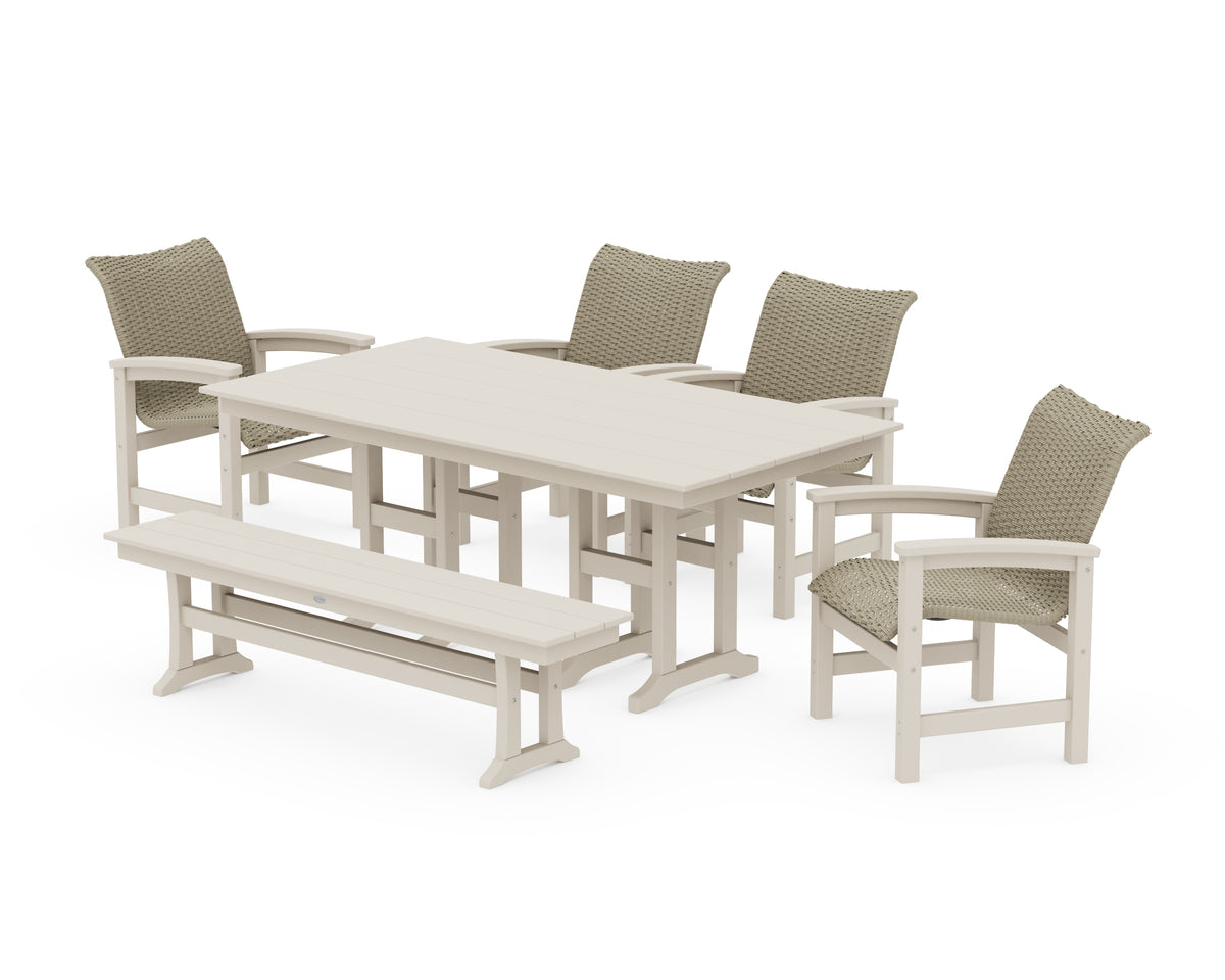 POLYWOOD Coastal Woven 6-Piece Farmhouse Dining Set with Bench with Farmhouse 37" x 72" Dining Table in Sand / Dune Grass