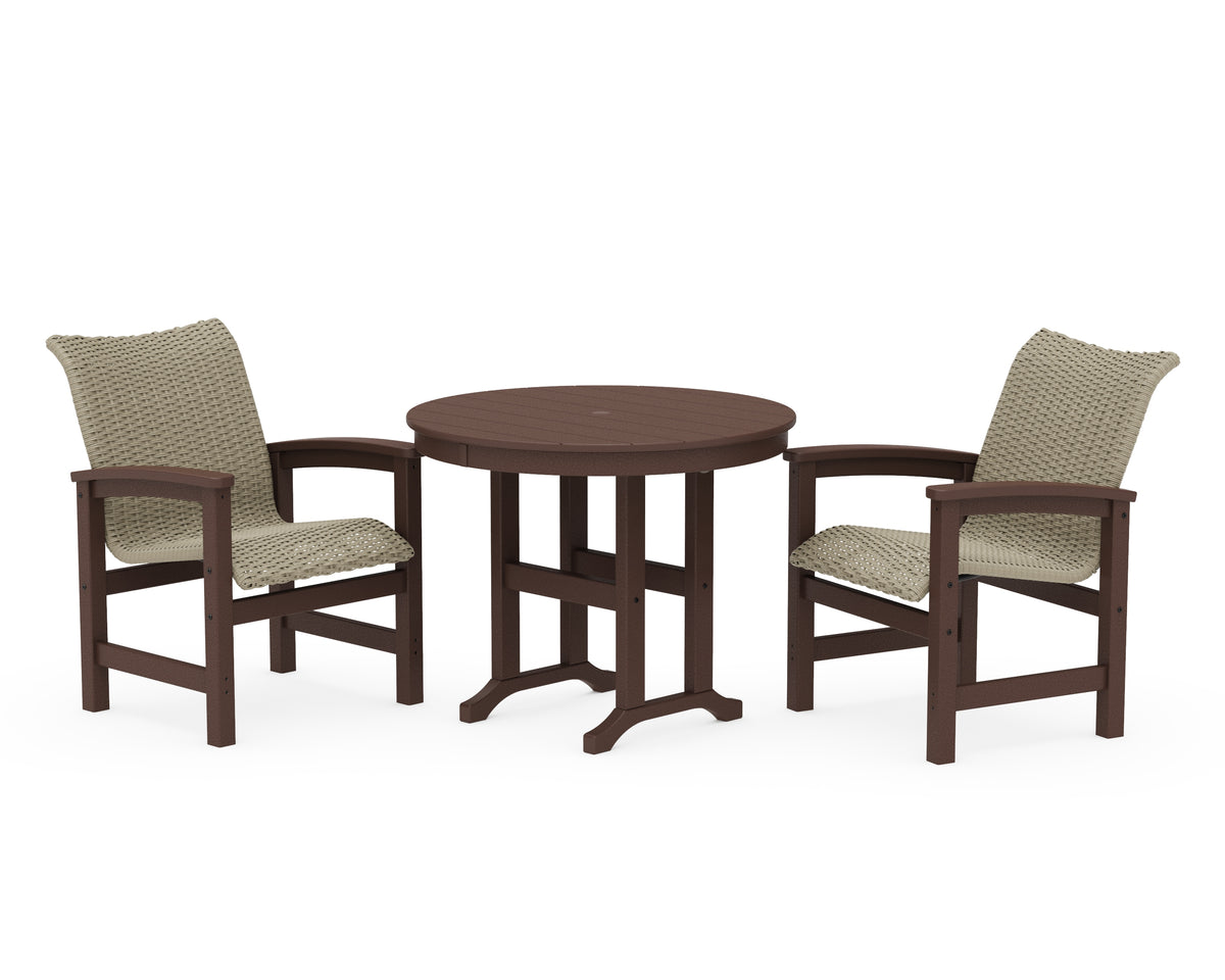 POLYWOOD Coastal Woven 3-Piece Farmhouse Dining Set in Mahogany / Dune Grass