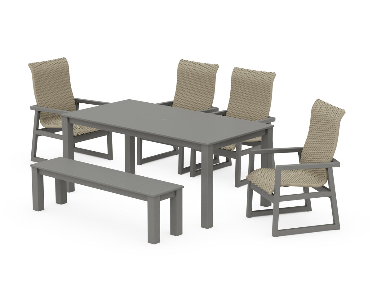 POLYWOOD EDGE Woven High-Back 6-Piece Parsons Dining Set with Bench in Slate Grey / Dune Grass