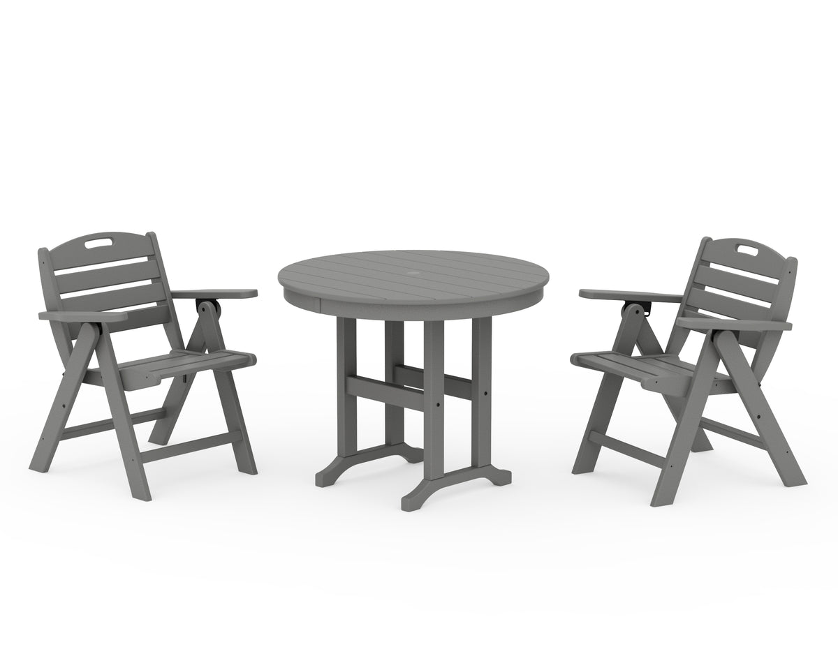 POLYWOOD Nautical Folding Lowback Chair 3-Piece Round Dining Set in Slate Grey