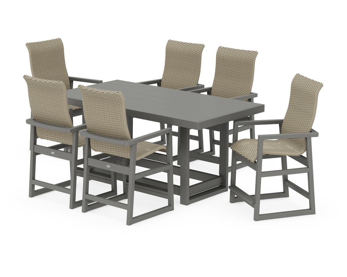 POLYWOOD EDGE Woven Highback Arm Chair 7-Piece Counter Set in Slate Grey / Dune Grass