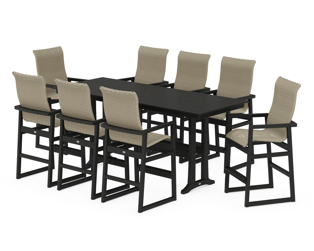 POLYWOOD EDGE Woven Highback 9-Piece Farmhouse Bar Set with Trestle Legs in Black / Dune Grass
