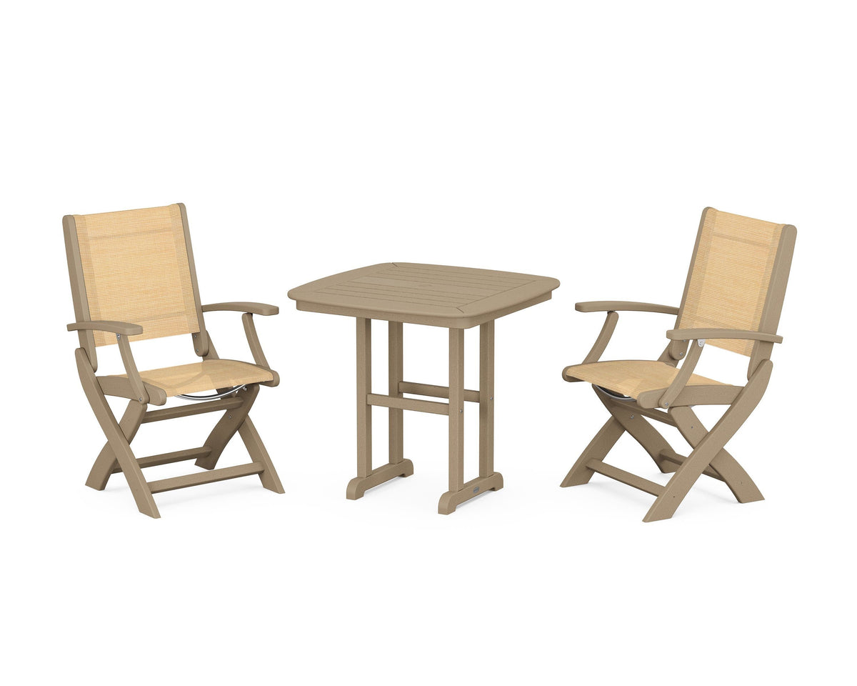 POLYWOOD Coastal Folding Chair 3-Piece Dining Set in Vintage Sahara / Dupioni Apricot