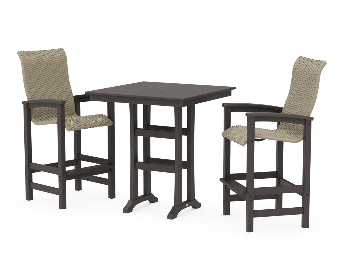 POLYWOOD Coastal Woven High-Back 3-Piece Farmhouse Bar Set with Trestle Legs in Vintage Coffee / Dune Grass