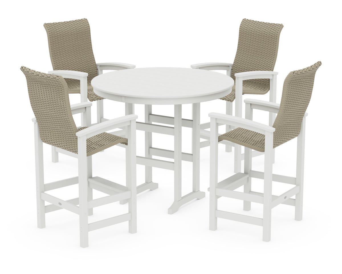 POLYWOOD Coastal Woven High-Back 5-Piece Round Farmhouse Bar Set in White / Dune Grass