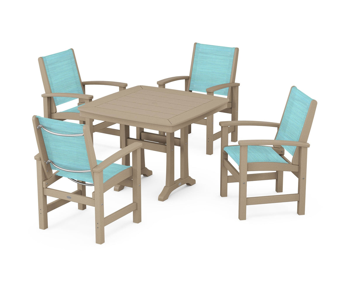 POLYWOOD Coastal 5-Piece Dining Set with Trestle Legs with Nautical Trestle 37" Dining Table in Vintage Sahara / Dupioni Aquamarine