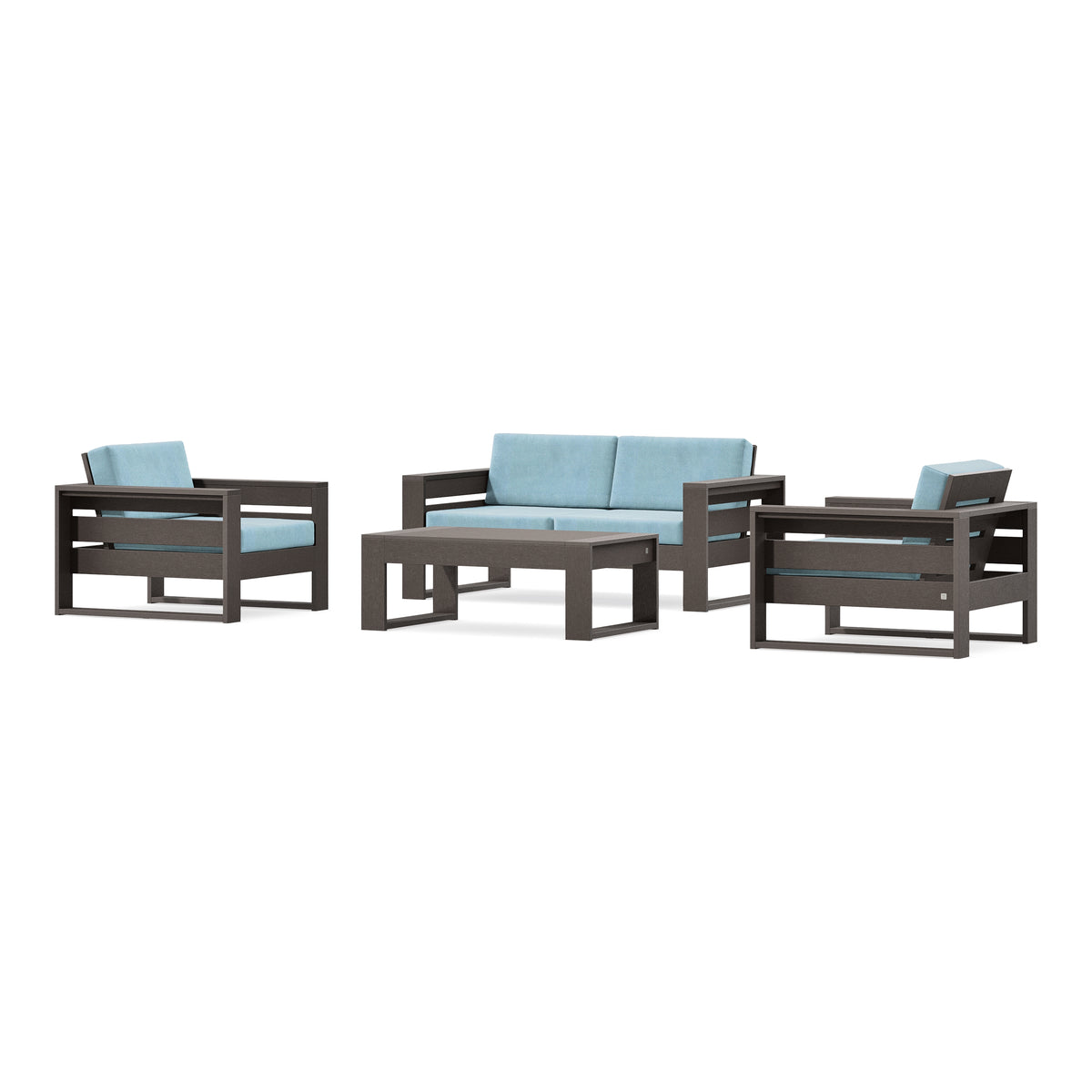 POLYWOOD PW Designer Series Latitude 4-Piece Lounge Loveseat Set in Vintage Coffee / Lattice Sky Blue
