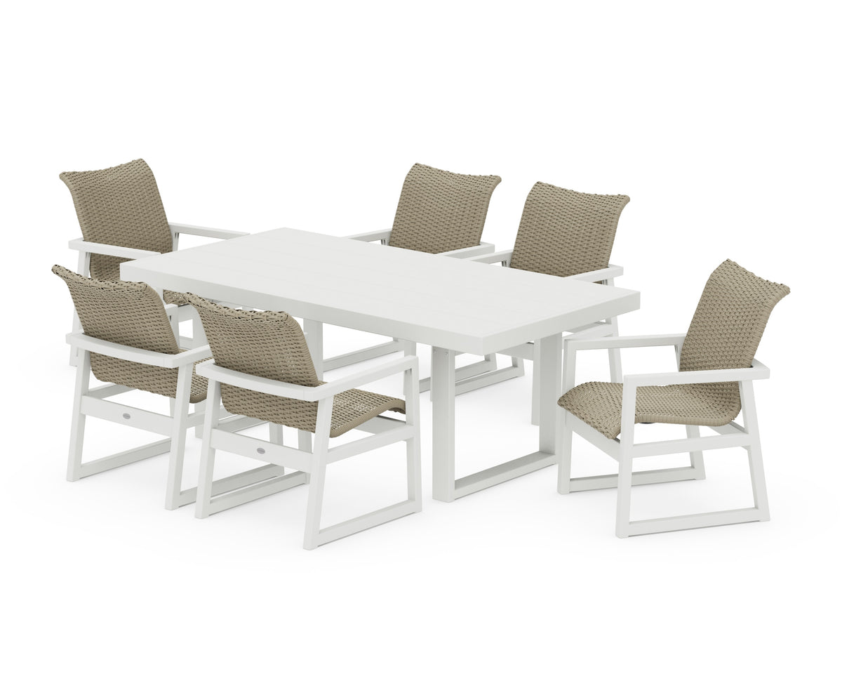 POLYWOOD EDGE Woven Arm Chair 7-Piece Dining Set in White / Dune Grass