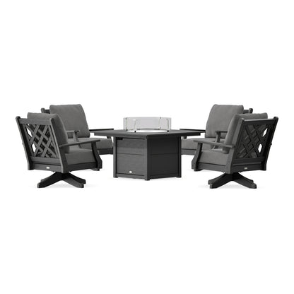 POLYWOOD Country Living Wovendale 5-Piece Deep Seating Swivel Conversation Set with Fire Pit Table in Black