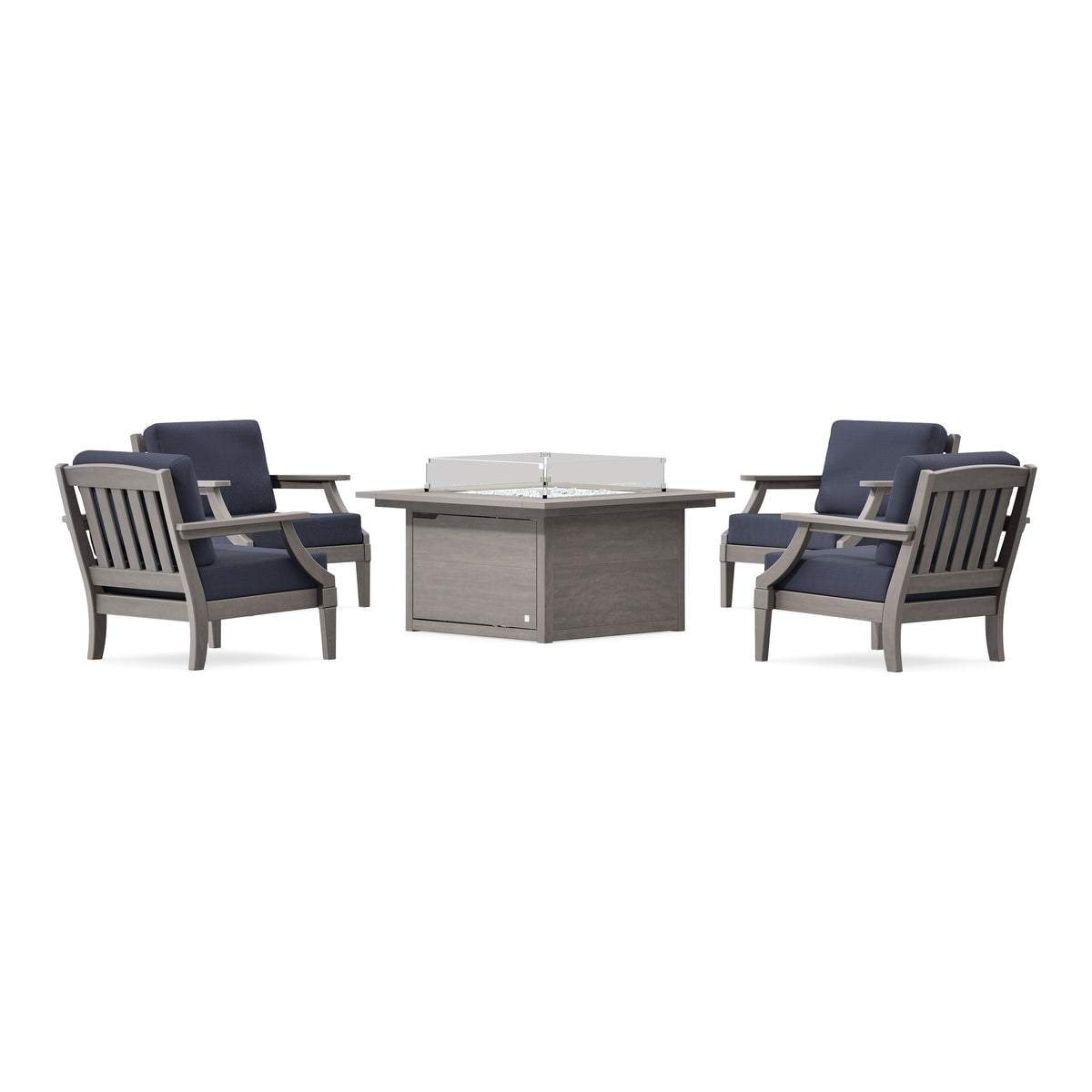 POLYWOOD PW Designer Series Estate 5-Piece Lounge Fire Table Set in Driftwood / Navy Linen