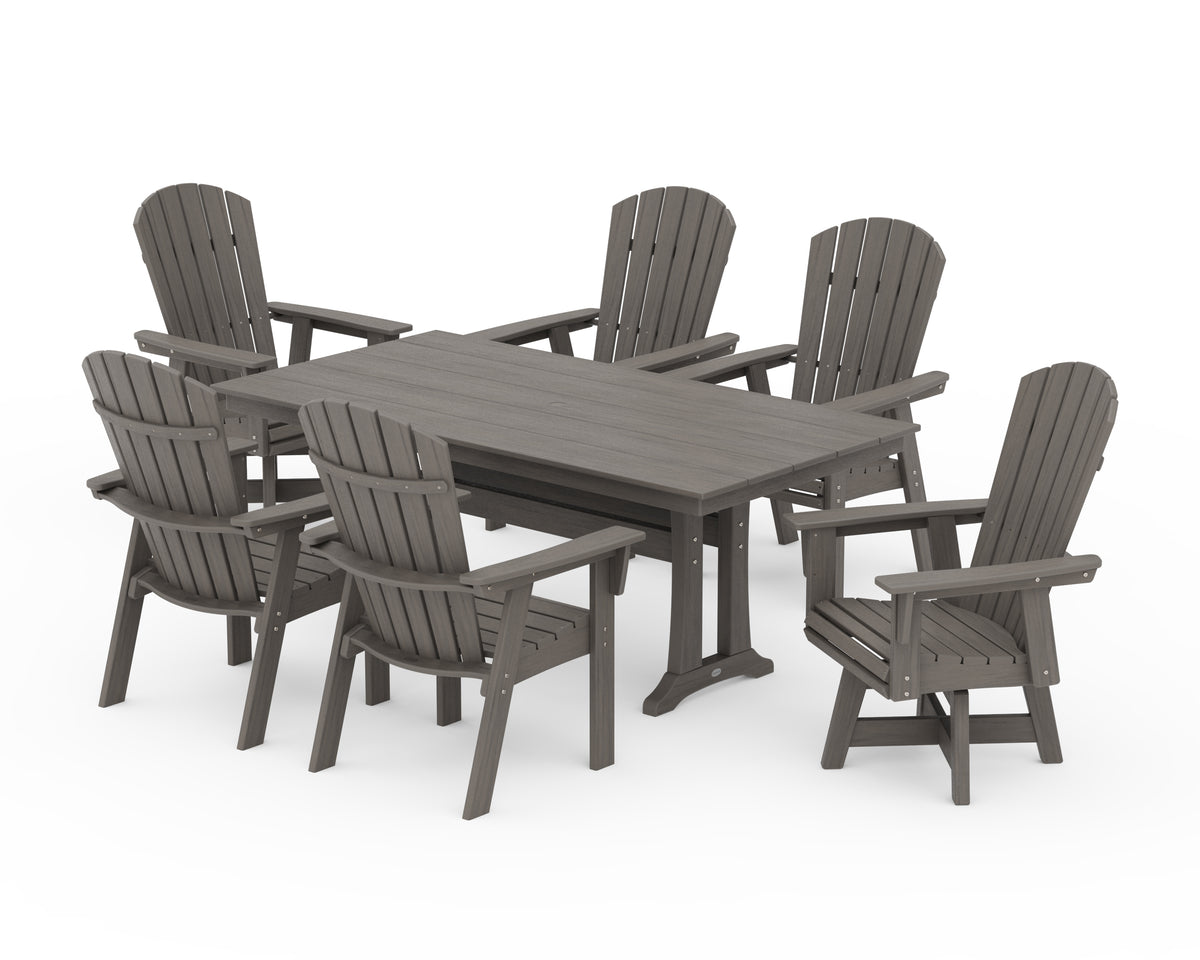POLYWOOD Nautical Curveback Adirondack Swivel Chair 7-Piece Farmhouse Dining Set with Trestle Legs in Driftwood