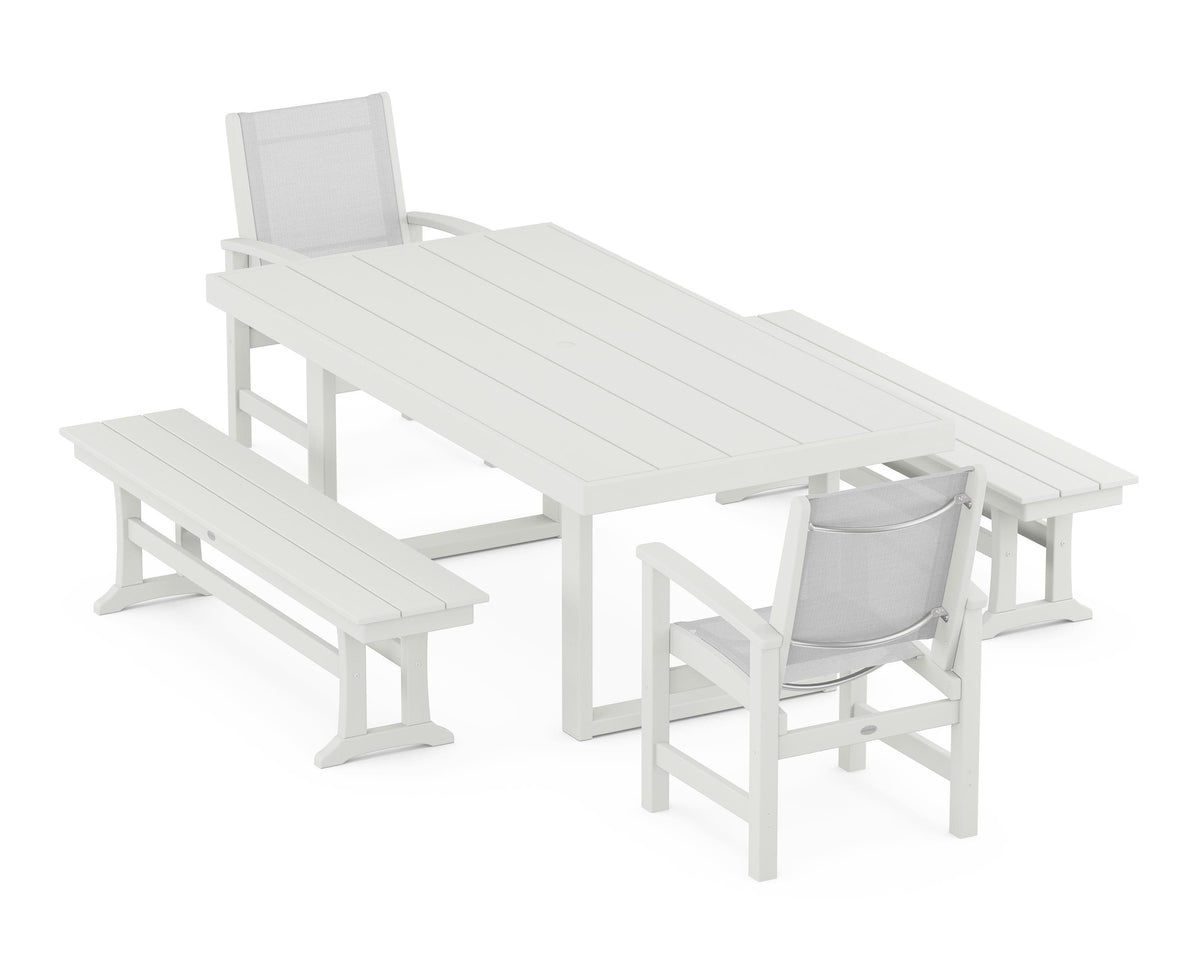 POLYWOOD Coastal 5-Piece Dining Set with Trestle Legs with EDGE 40" x 78" Dining Table in Vintage White / White