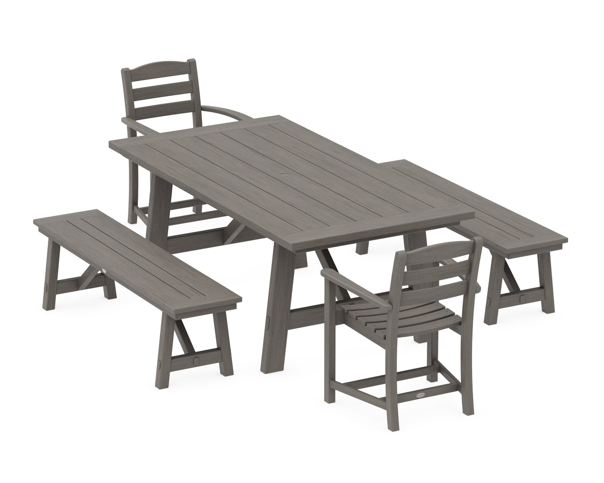 POLYWOOD La Casa Café 5-Piece Rustic Farmhouse Dining Set with Benches in Driftwood